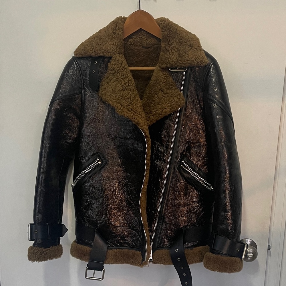 Allsaints Women’s  Black and Brown Shearling patent Leather Moto jacket
